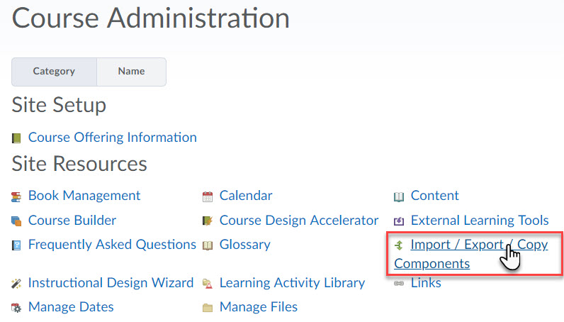 Figure 1: Import/Export/Copy Components link in Course Administration